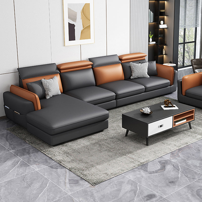 Scandinavian Dark Gray Cushion Back Faux Leather Storage Sofa & Chaise