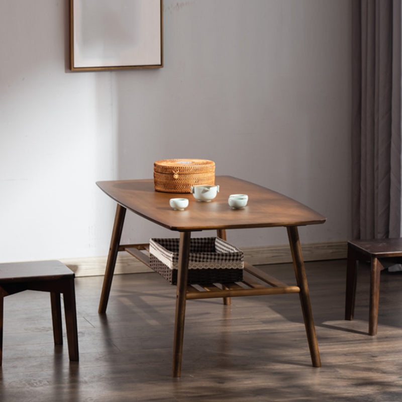 Nordic Style Rectangular Solid Wood Table 4 Legs Base with Storage Rack Coffee Table