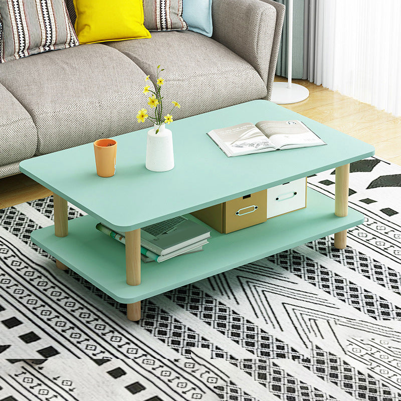 17" H Modern Rectangle Wooden Coffee Table 4 Legs Cocktail Table with Shelf