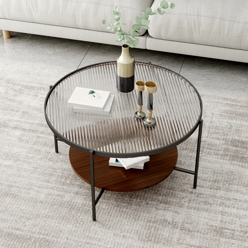 17.7" H Modern Round Glass Coffee Table Steel 4 Legs Cocktail Table with Shelf