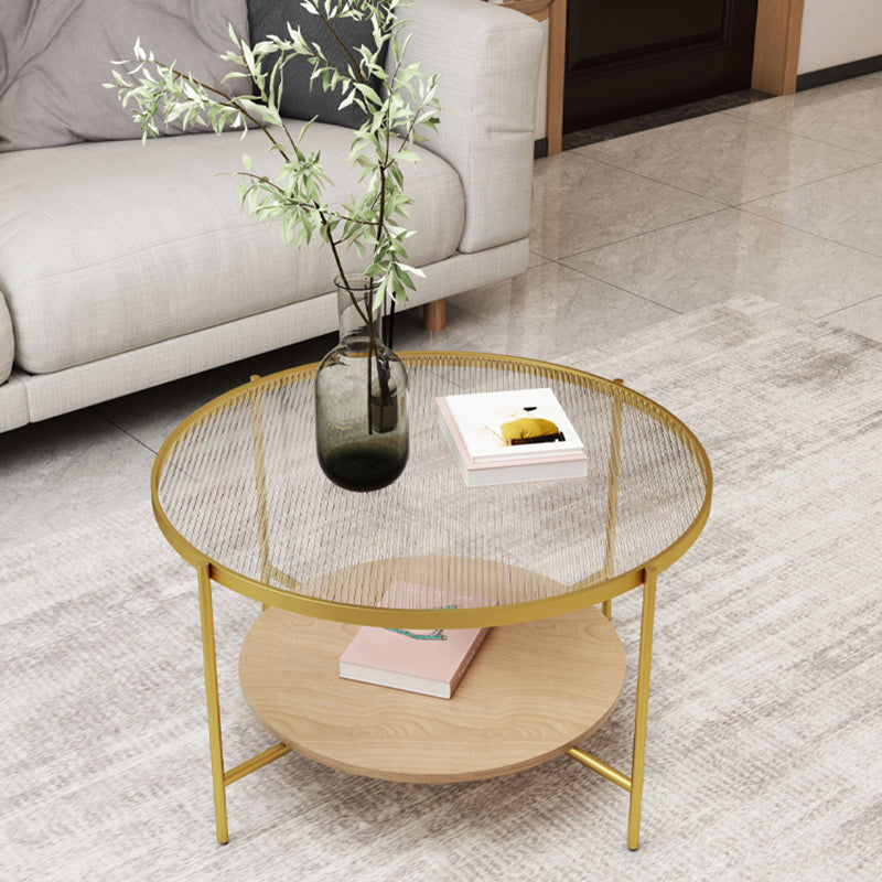 17.7" H Modern Round Glass Coffee Table Steel 4 Legs Cocktail Table with Shelf