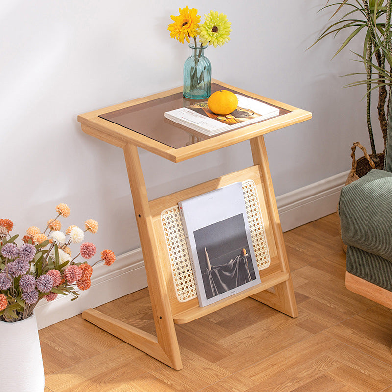 Modern Style Bamboo Rattan Material Organic Glass Desktop Rectangular Side Table