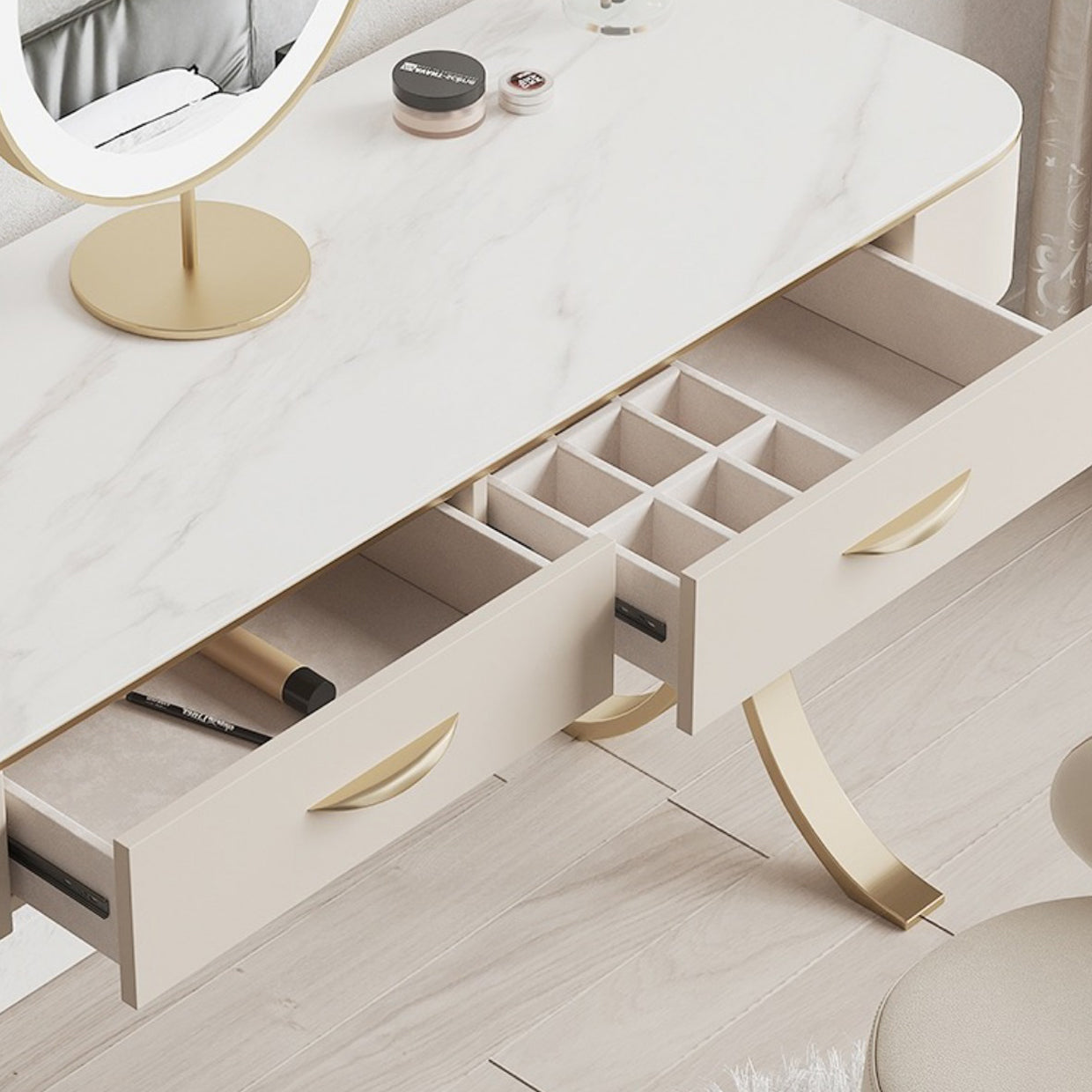 Wooden Glam Makeup Vanity Desk Beige Vanity Dressing Table Set with Drawer