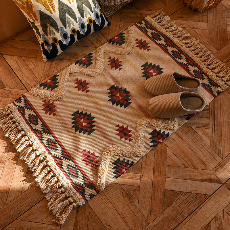 Retro Tribal Print Carpet Cotton Fringe Rug Washable Indoor Rug for Living Room