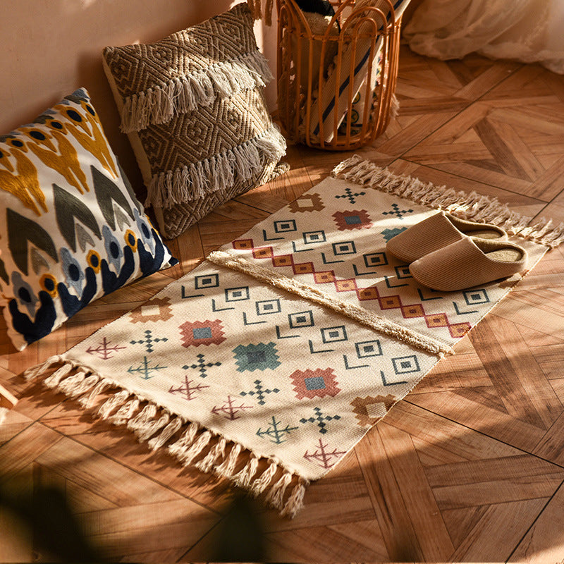 Retro Tribal Print Carpet Cotton Fringe Rug Washable Indoor Rug for Living Room