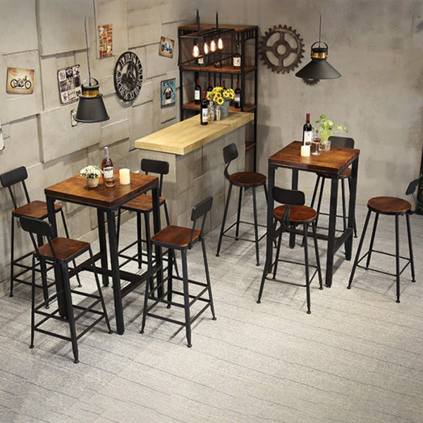 Industrial Square Solid Wood Bar Table Set 1/2/3/5 Pieces Counter Table with High Stools