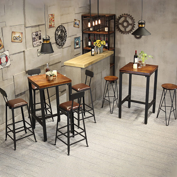 Industrial Square Solid Wood Bar Table Set 1/2/3/5 Pieces Counter Table with High Stools