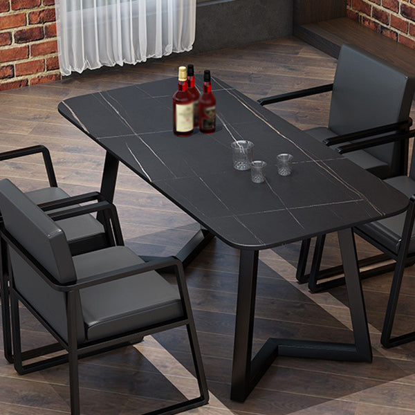 Industrial Style Dining Table Rectangle Sintered Stone Black Table with Metal Base