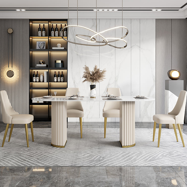 Luxury Sintered Stone Top Table Oval White Table with Double Pedestal