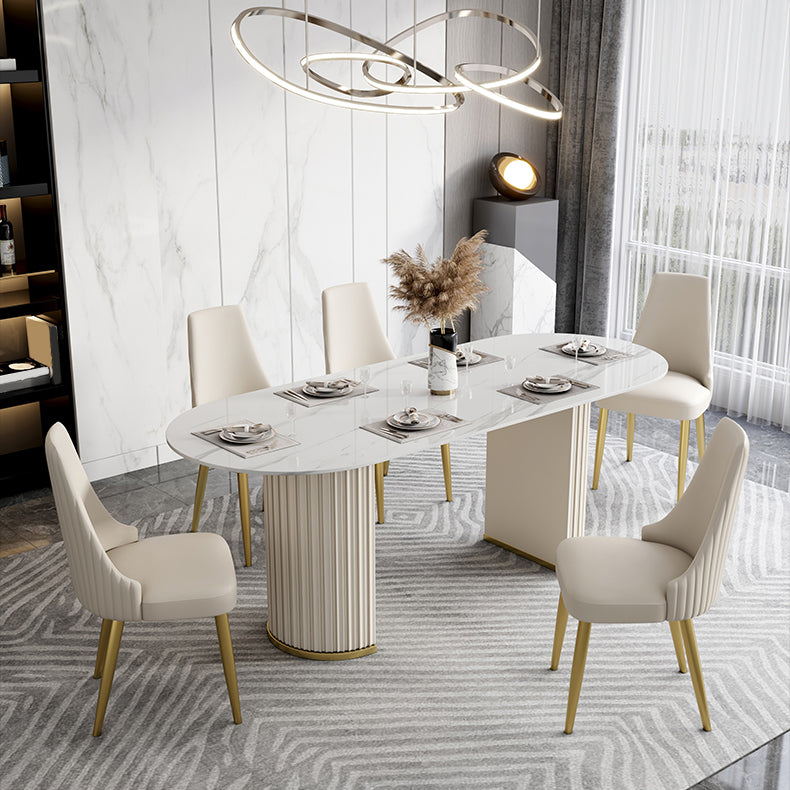 Luxury Sintered Stone Top Table Oval White Table with Double Pedestal