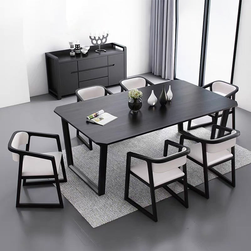 Rectangle Industrial Dining Table Black Ashwood Solid Wood Fixed Table