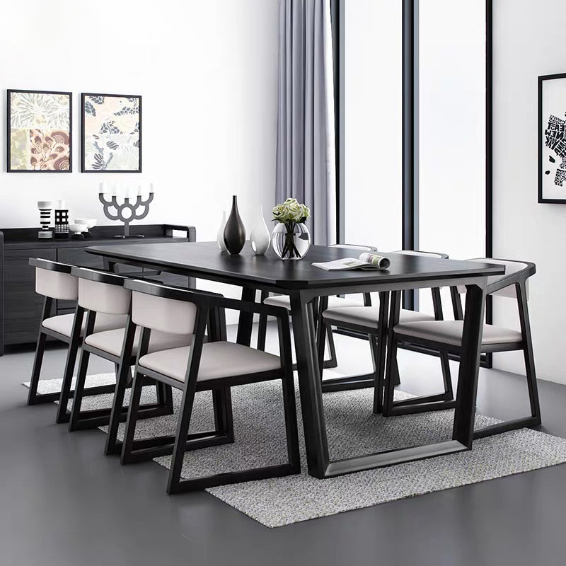 Rectangle Industrial Dining Table Black Ashwood Solid Wood Fixed Table