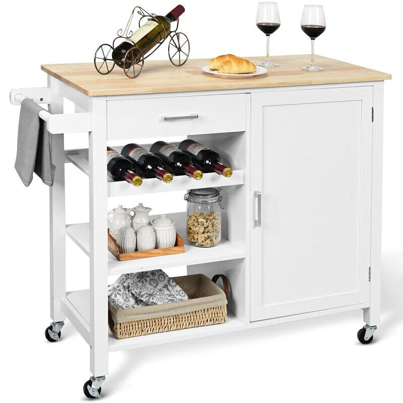 Modern Rolling Kitchen Cart Wood Rectangular Kitchen Island Cart with Towel Rack