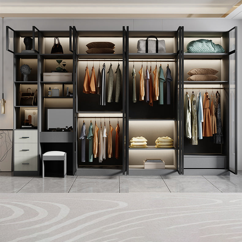 Glass and Wood Wardrobe Cabinet Modern Hinged Wardrobe Armoire