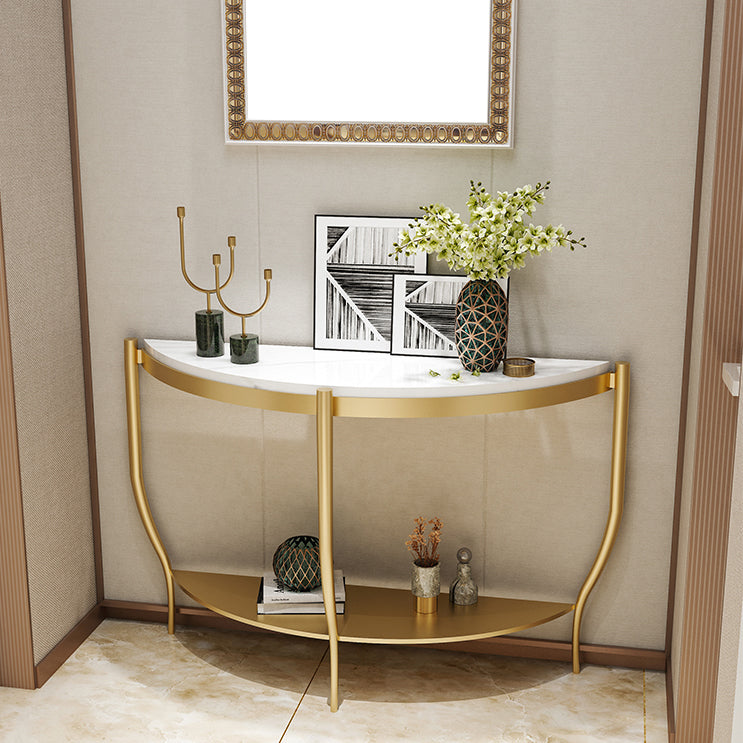 Marble Half Moon Console Table with Storage Shelf and 3 Iron Legs