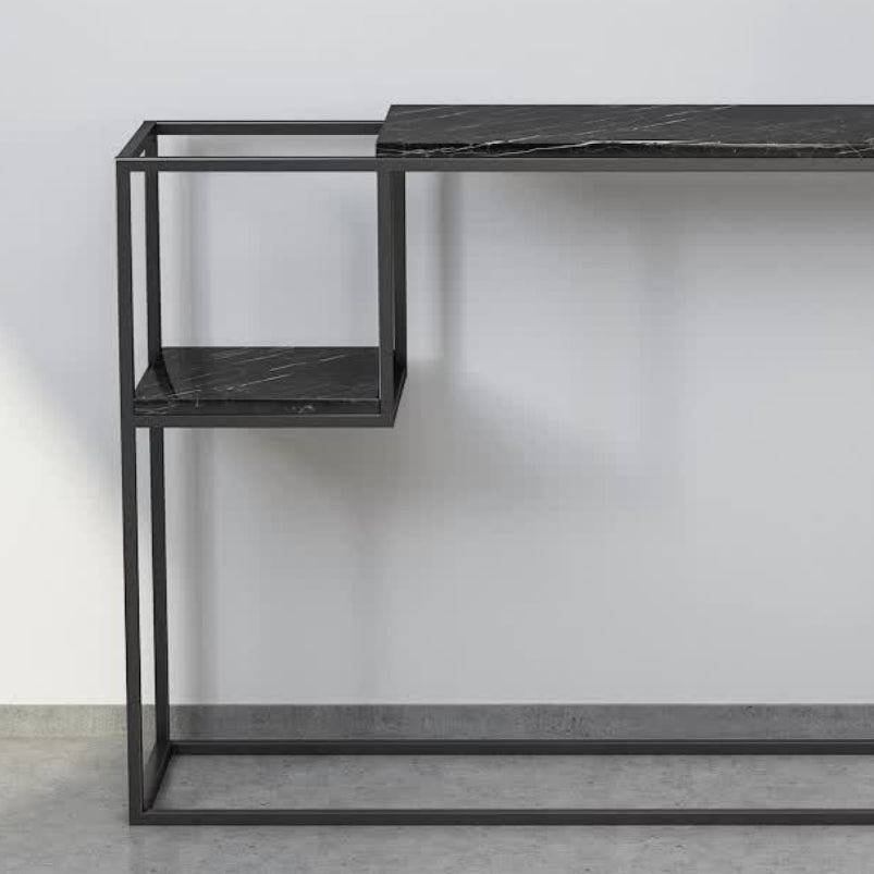 Rectangle Marble Top Console Table with Storage Shelf and Iron Frame Base