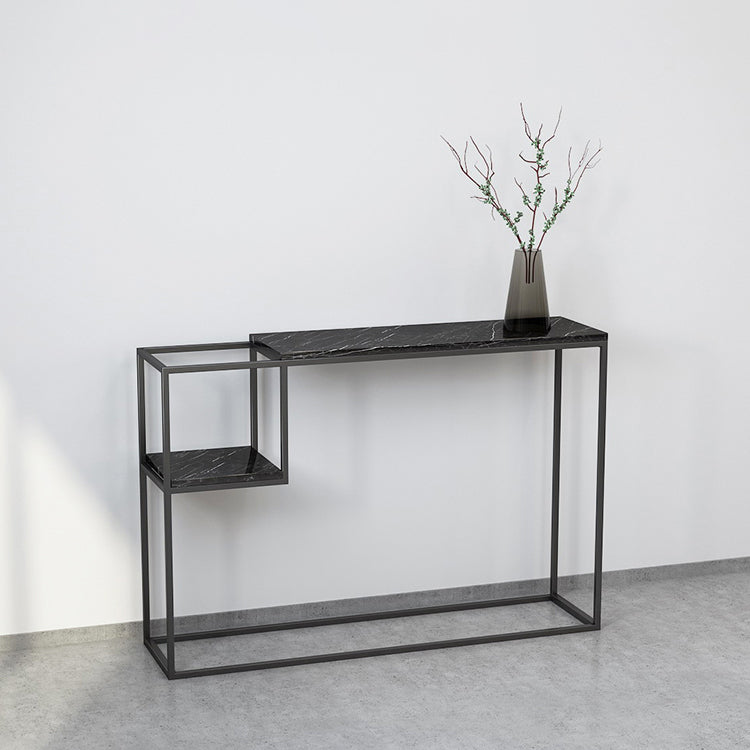 Rectangle Marble Top Console Table with Storage Shelf and Iron Frame Base