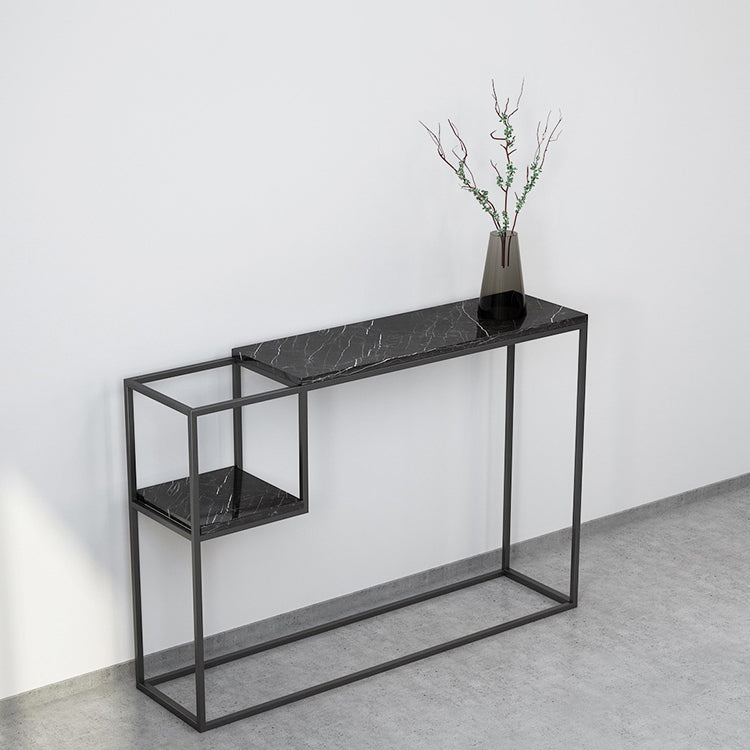 Rectangle Marble Top Console Table with Storage Shelf and Iron Frame Base