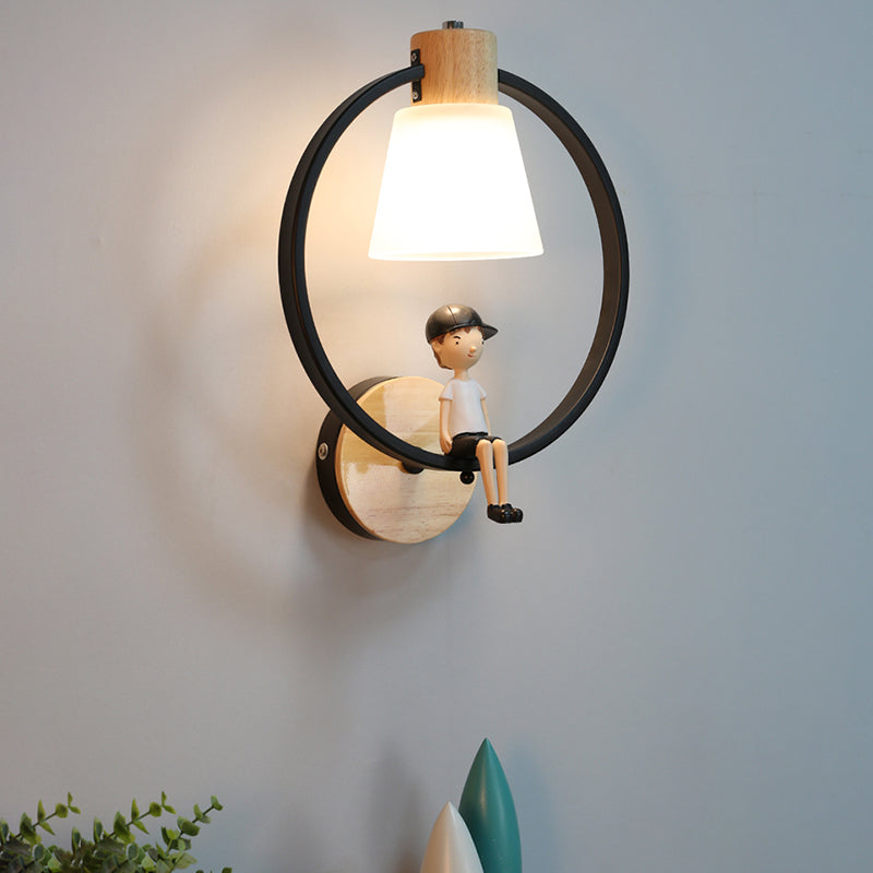 Modern Kids Wall Sconce Geometric Shape Metal Wall Light with Glass Shade for Bedroom