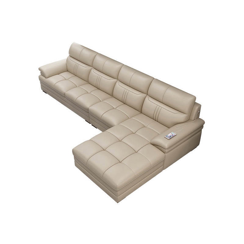 Contemporary Stationary Cream Genuine Leather Recessed Arm Sofa
