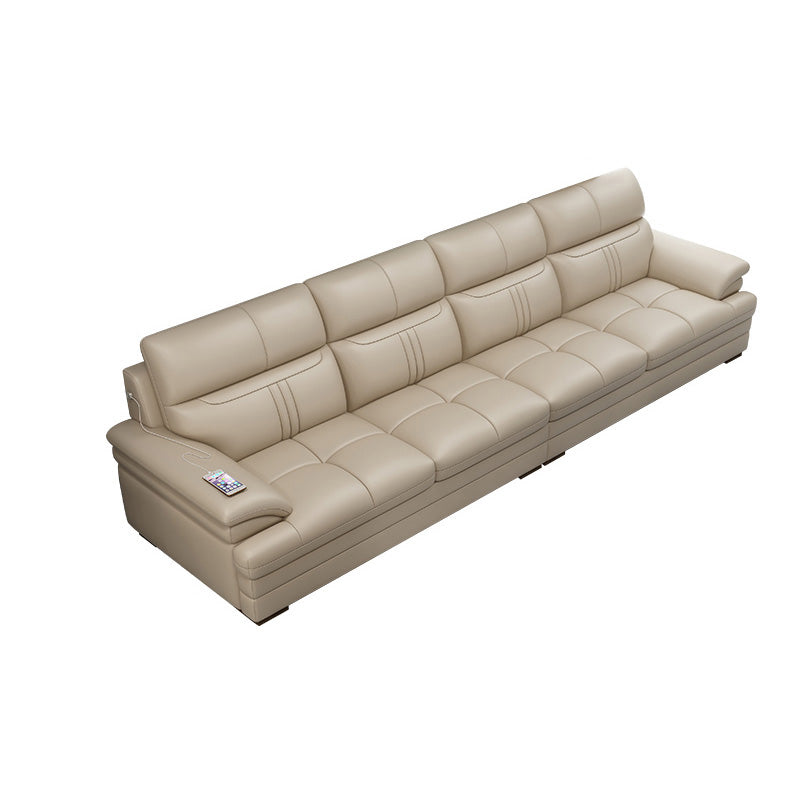 Contemporary Stationary Cream Genuine Leather Recessed Arm Sofa