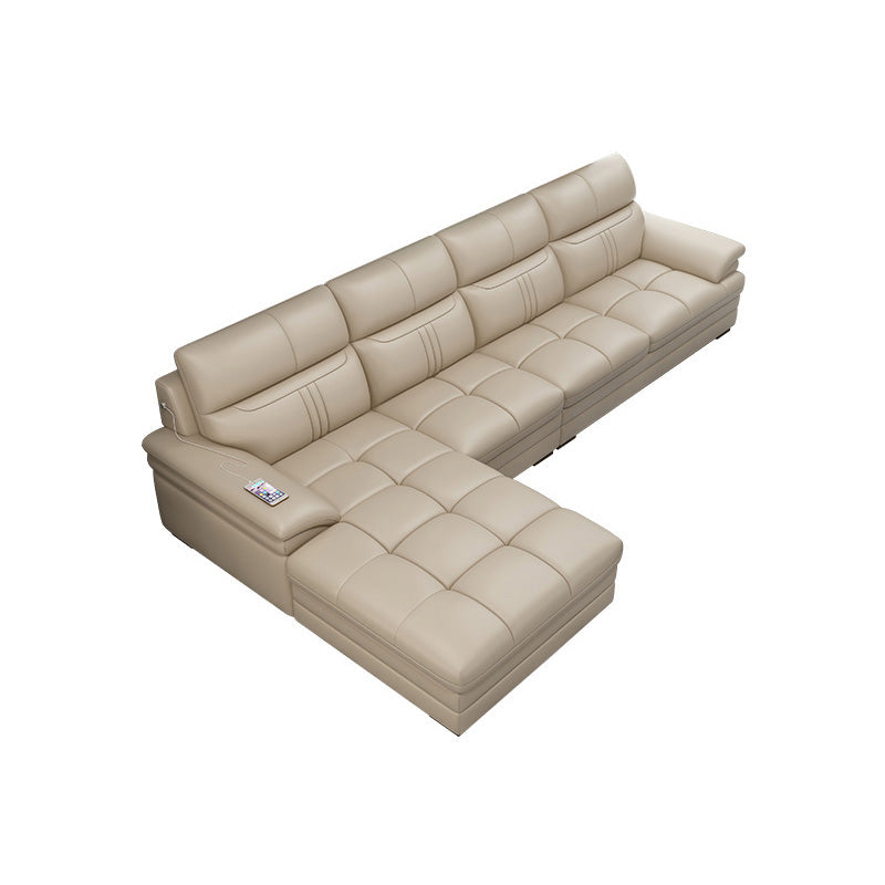 Contemporary Stationary Cream Genuine Leather Recessed Arm Sofa