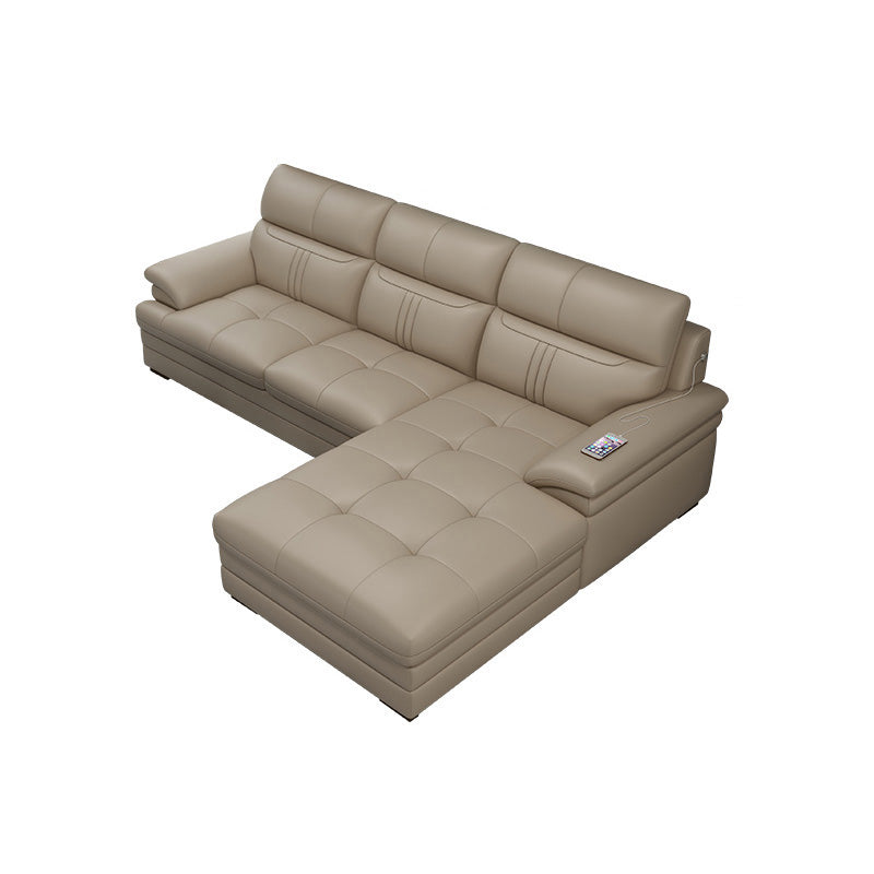 Contemporary Stationary Cream Genuine Leather Recessed Arm Sofa