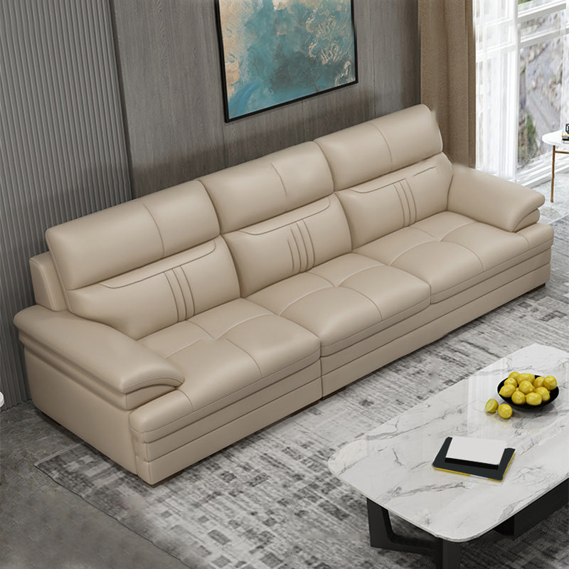Contemporary Stationary Cream Genuine Leather Recessed Arm Sofa