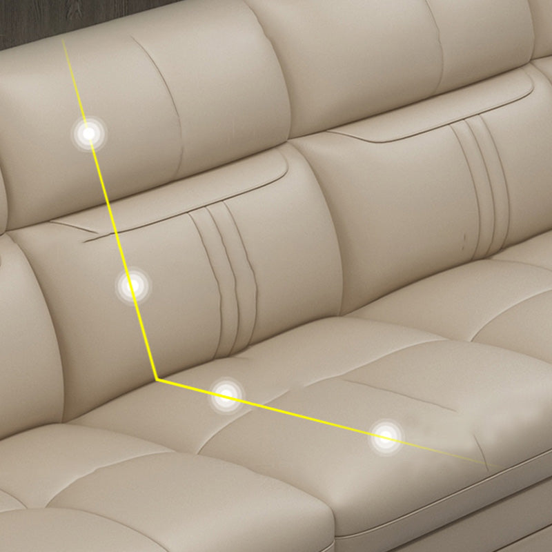 Contemporary Stationary Cream Genuine Leather Recessed Arm Sofa