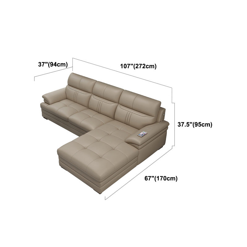 Contemporary Stationary Cream Genuine Leather Recessed Arm Sofa