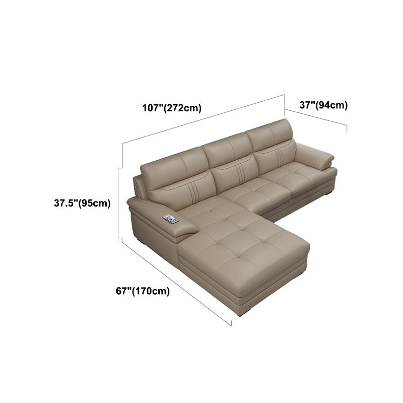 Contemporary Stationary Cream Genuine Leather Recessed Arm Sofa