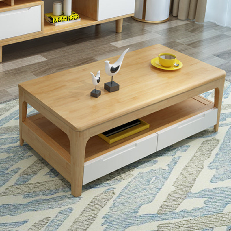 Scandinavian Rectangle Wood Coffee Table 17.7"H 4 Legs Cocktail Table with 4 Drawers