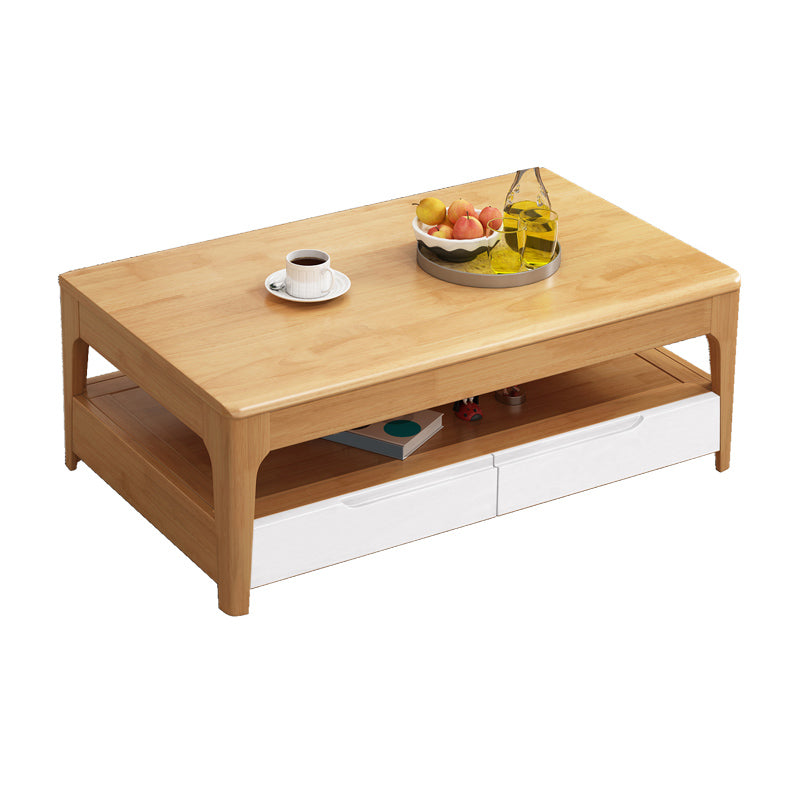 Scandinavian Rectangle Wood Coffee Table 17.7"H 4 Legs Cocktail Table with 4 Drawers