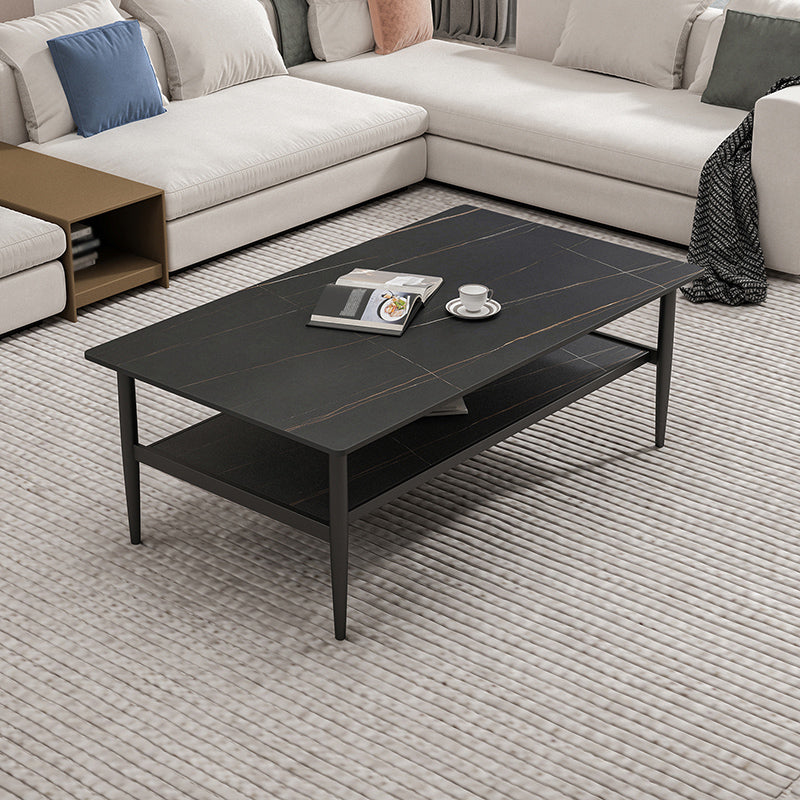 17.7" H Rectangle Slate Coffee Table Iron 4 Legs Cocktail Table with Shelf