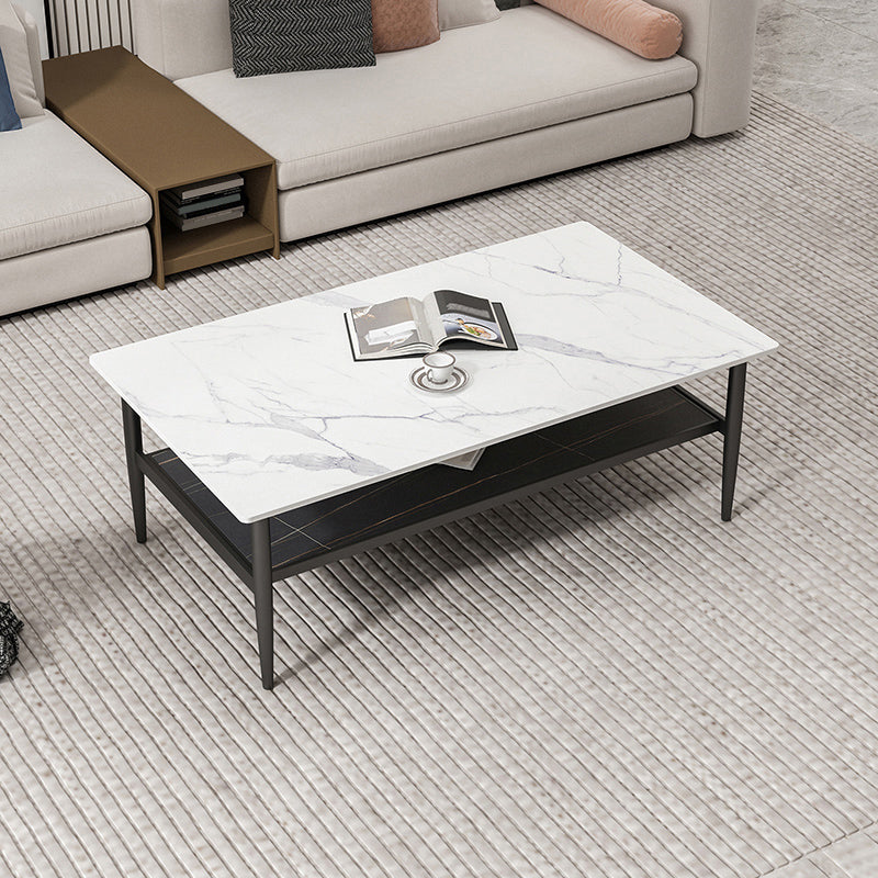 17.7" H Rectangle Slate Coffee Table Iron 4 Legs Cocktail Table with Shelf