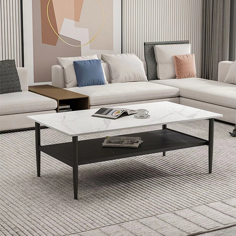 17.7" H Rectangle Slate Coffee Table Iron 4 Legs Cocktail Table with Shelf