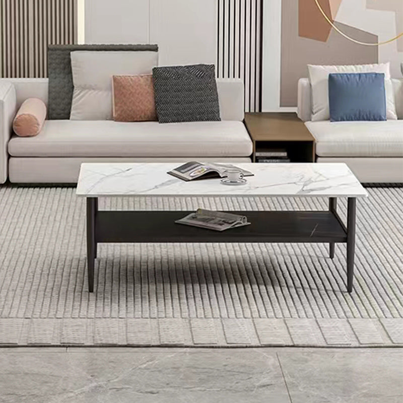 17.7" H Rectangle Slate Coffee Table Iron 4 Legs Cocktail Table with Shelf
