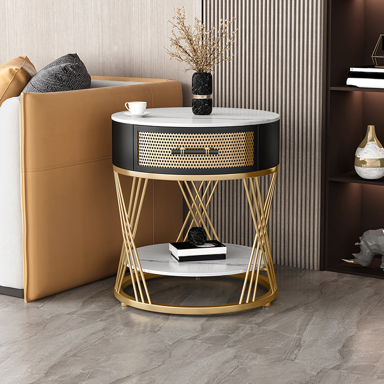 Modernistic Metal Frame End Table Slate Top Round Side End Table