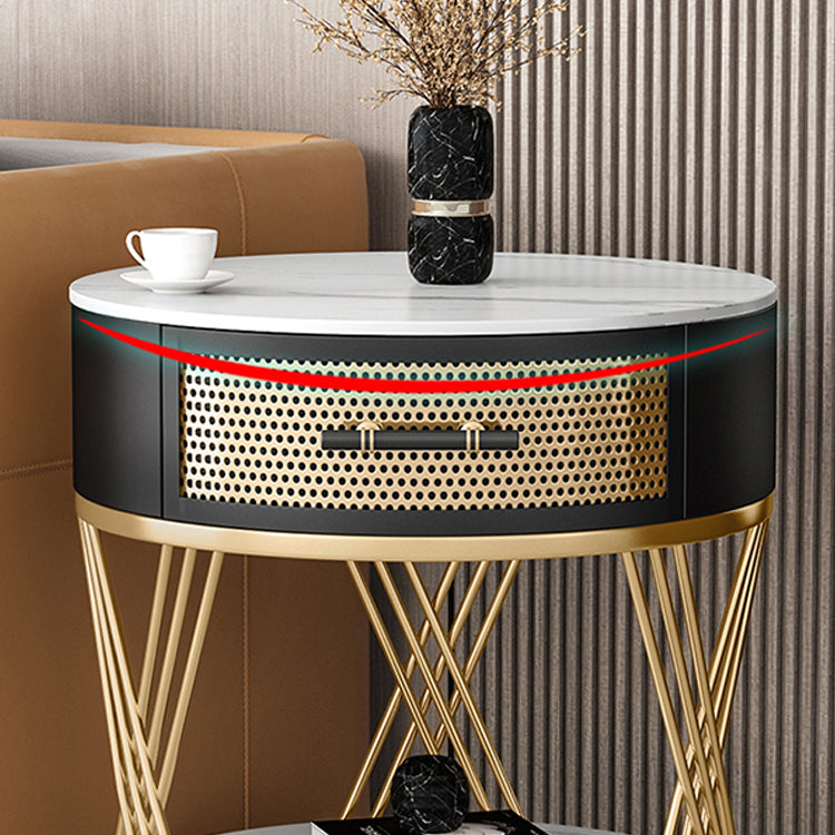 Modernistic Metal Frame End Table Slate Top Round Side End Table