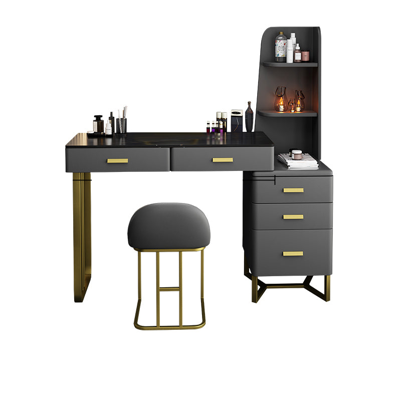 5 Wood Drawers Vanity Set with Stool in Grey Stone Top Dressing Table