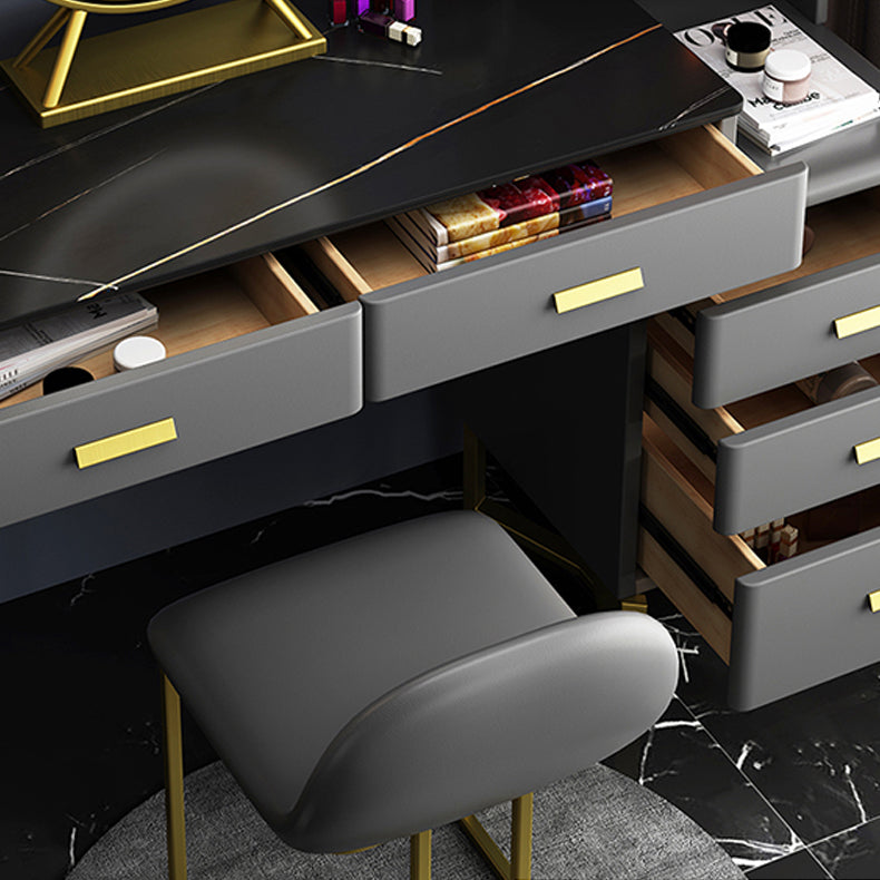 5 Wood Drawers Vanity Set with Stool in Grey Stone Top Dressing Table