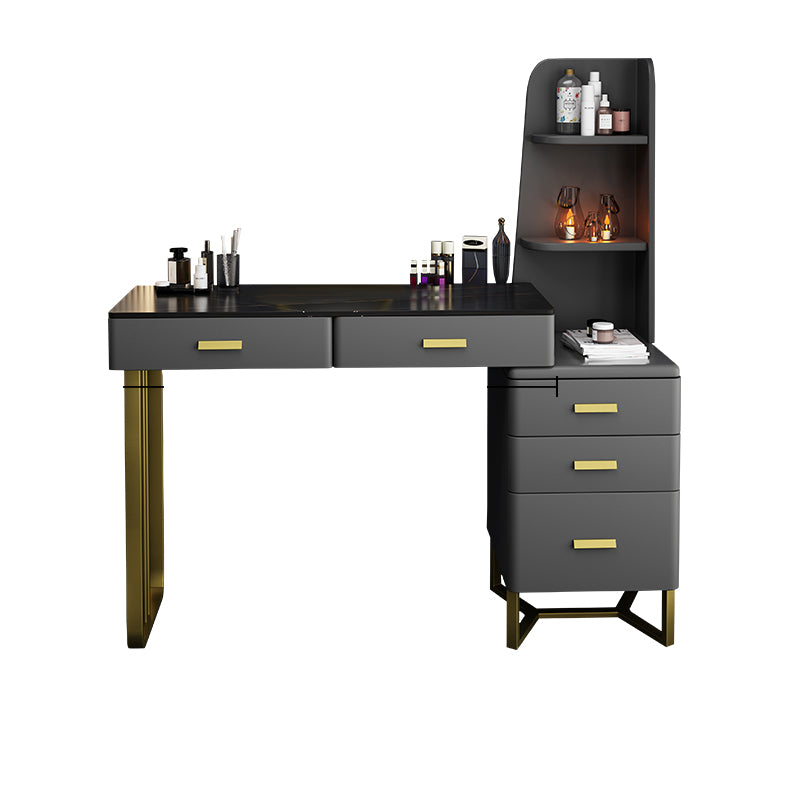 5 Wood Drawers Vanity Set with Stool in Grey Stone Top Dressing Table