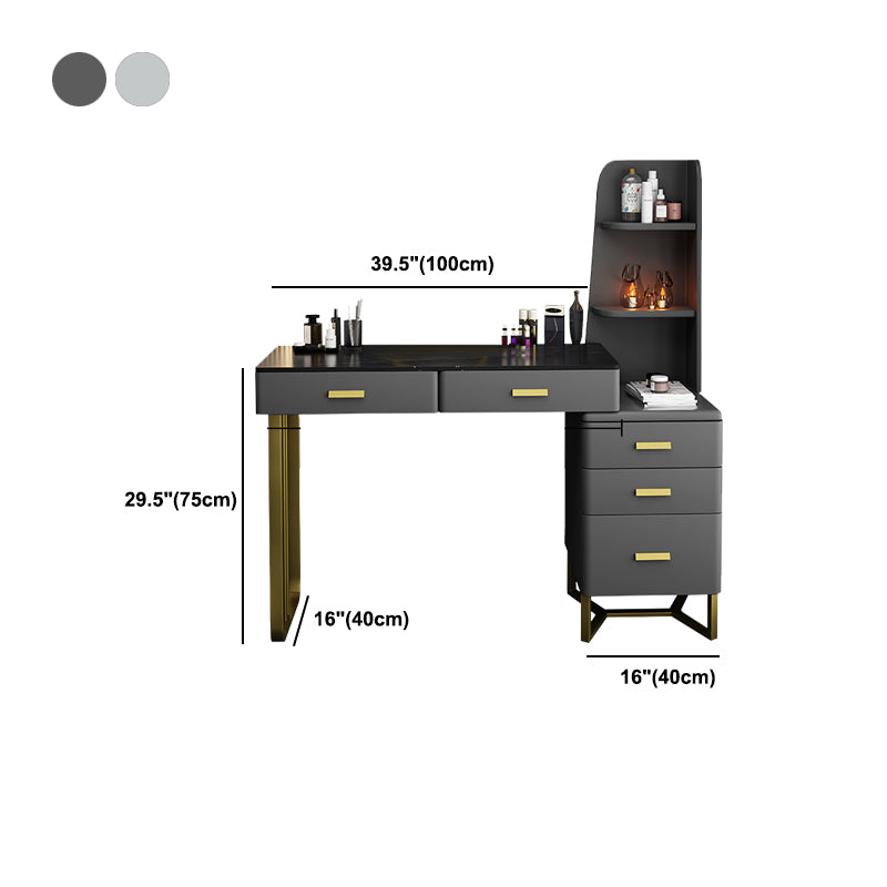 5 Wood Drawers Vanity Set with Stool in Grey Stone Top Dressing Table