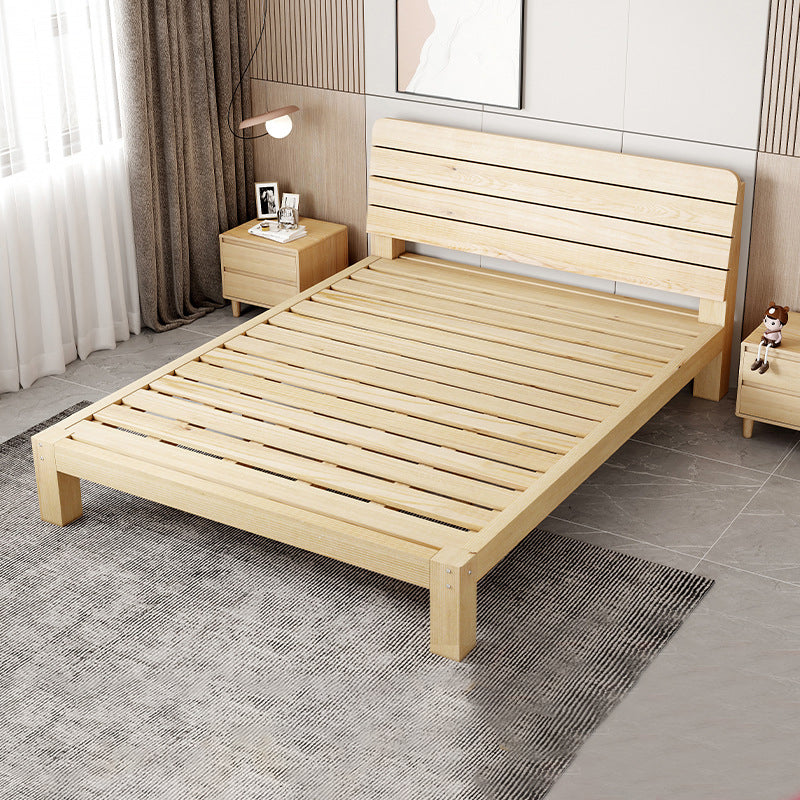 Scandinavian Wood Standard Bed, Slat Rectangular Headboard Bed
