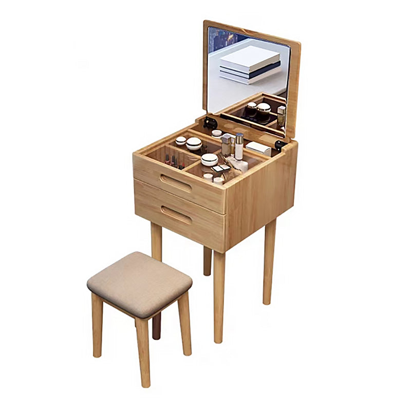 Traditional Solid Wood 2 Drawers Vanity Table with Mirror and Stool