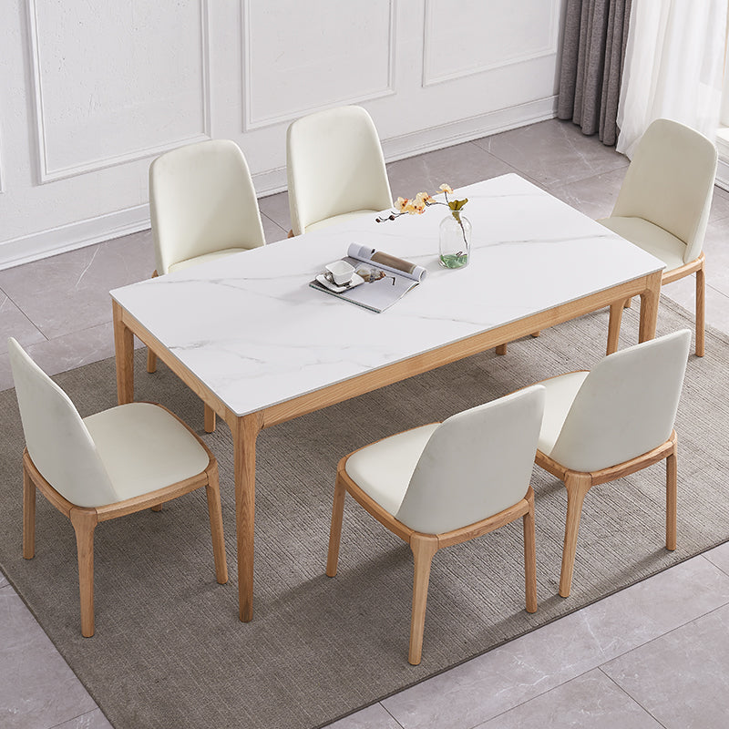 Rectangle Retro Modern Dining Table White Sintered Stone Top 4 Legs Fixed Table