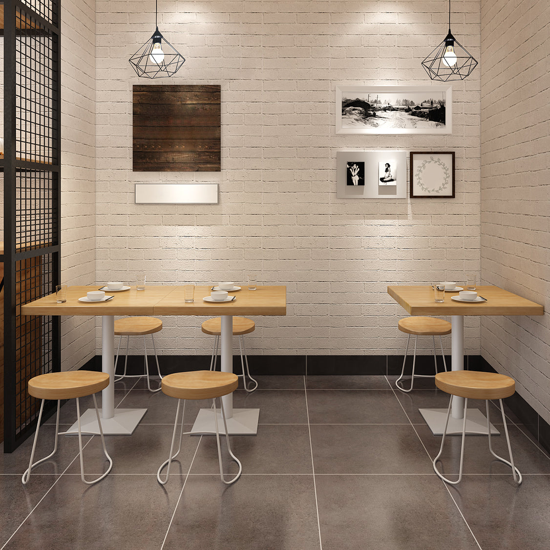 Metal Industrial Square Dining Table Pine Wood Top Table with Pedestal