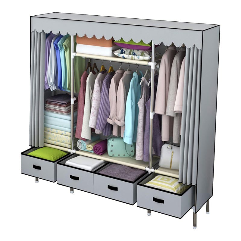 Silver Metal Frame Wardrobe Cabinet Contemporary Home Wardrobe with Drawers