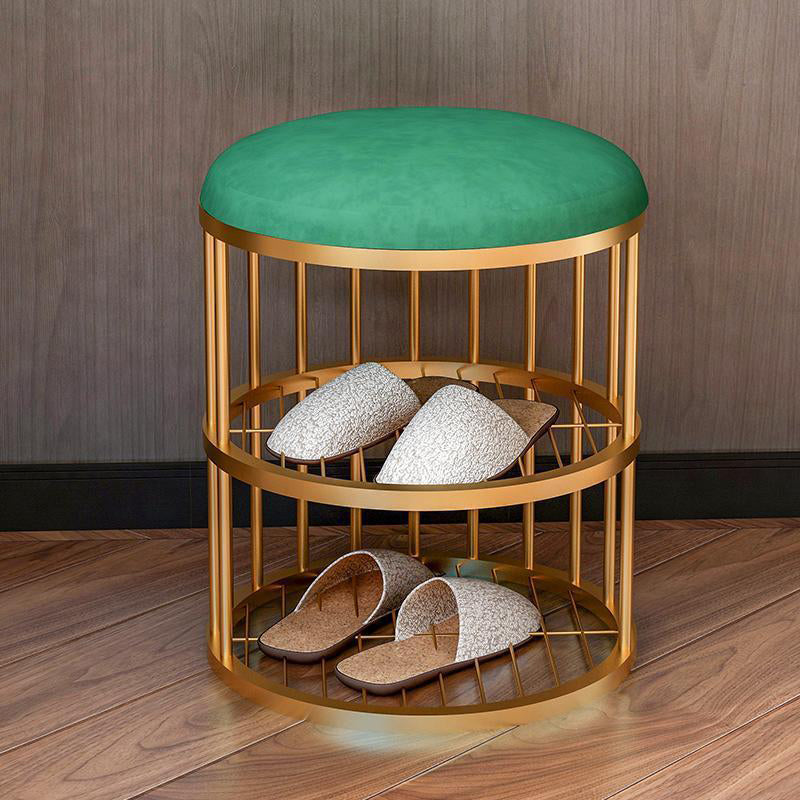 Industrial Cylinder Shape Ottoman Plain Velvet Metal Frame Shelved Storage Pouf