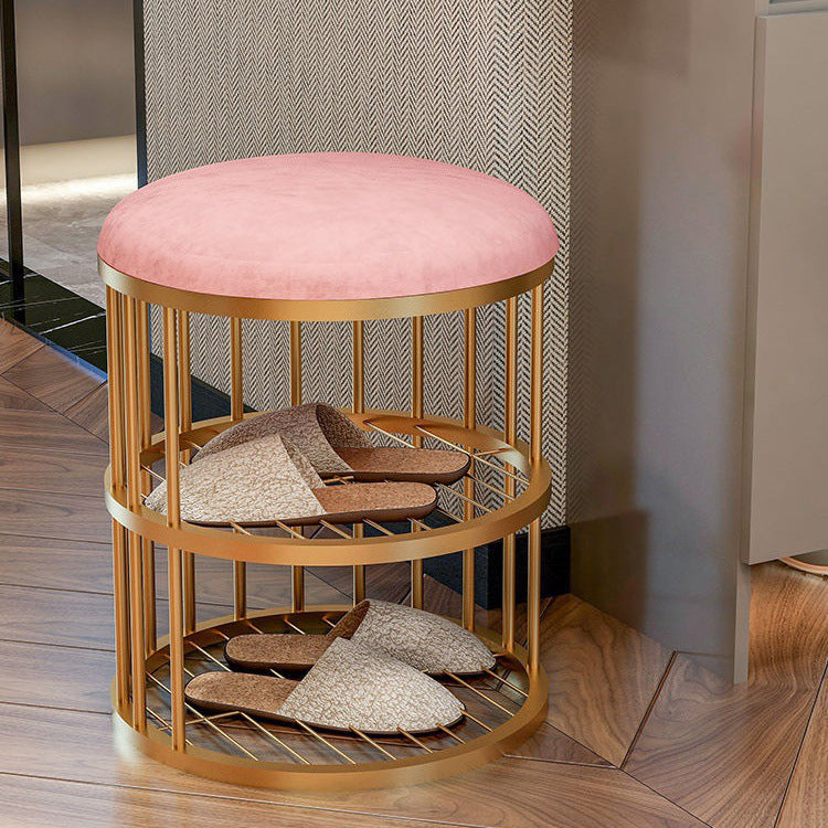 Industrial Cylinder Shape Ottoman Plain Velvet Metal Frame Shelved Storage Pouf